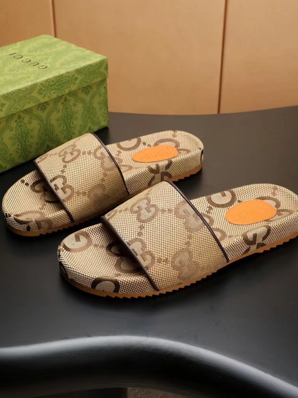 Gucci Beige Brown GG Canvas Slide Sandals - Picture 2 of 6